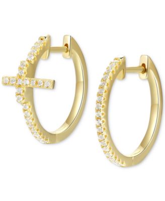 Macy's - White Topaz Cross Mismatch Small Hoop Earrings (1/5 ct. t.w.) in Gold-Plated Sterling Silver, 0.75"
