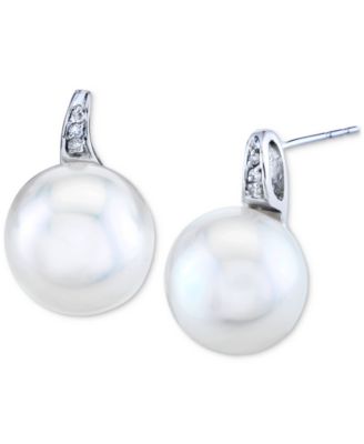 Macy's - Cultured Freshwater Pearl (11mm) & Diamond Accent Earrings Stud Earrings in 10k White Gold