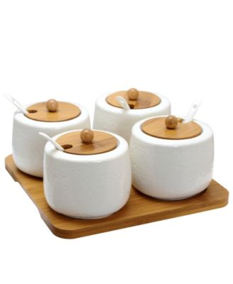 Elama - Ceramic Spice, Jam and Salsa Jars with Bamboo Lids & Serving Spoons