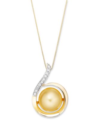 Macy's - 14k Gold Necklace, Golden South Sea Pearl (11mm) and Diamond (1/10 ct. t.w.) Swirl Pendant