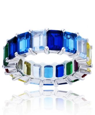 Macy's - Rainbow Colored Emerald Cut Cubic Zirconia Eternity Band in Rhodium Plated Sterling Silver