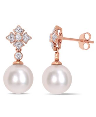 Macy's - Cultured Freshwater Pearl (9-1/2mm) & Diamond (1/5 ct. t.w.) Drop Earrings in 10k Rose Gold