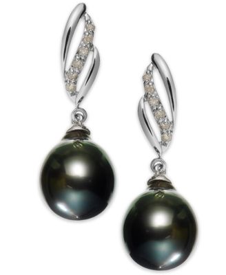 Macy's - 14k White Gold Tahitian Pearl (9mm) and Diamond (1/10 ct. t.w.) Drop Earrings