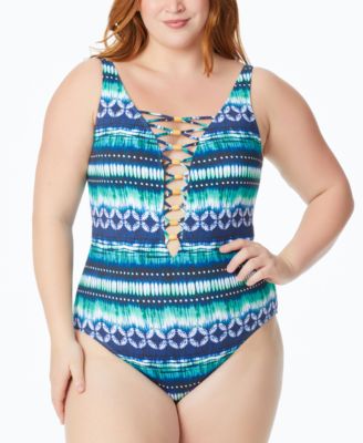 Bleu by Rod Beattie - Plus Size Sun, Sea & Sand Printed Lattice-Front One-Piece Swimsuit
