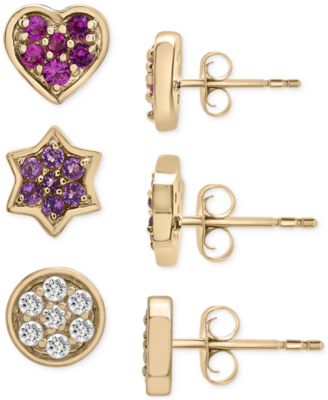 Macy's - 3-Pc. Set Multi-Stone Stud Earrings in 14k Gold-Plated Sterling Silver