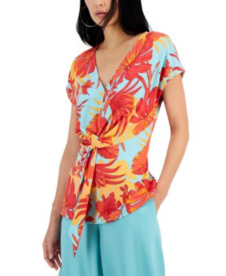 Tahari ASL - Women's V-Neck Drape-Front Printed Blouse