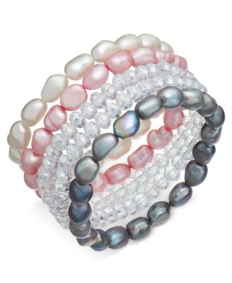 Macy's - 5-Pc. Set White, Pink & Gray Cultured Freshwater Baroque Pearl (7mm) and Rondel Crystal Stretch Bracelets
