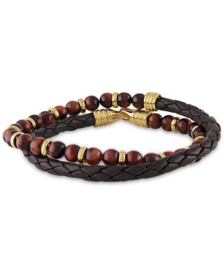 Esquire Men's Jewelry - Double-Wrap Tiger's Eye Bracelet in 14k Gold Over Sterling Silver