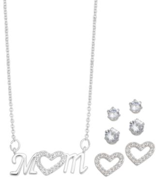 Macy's - Fine Silver Plated Cubic Zirconia Pave Mom Heart Pendant and Three Piece Earring Set