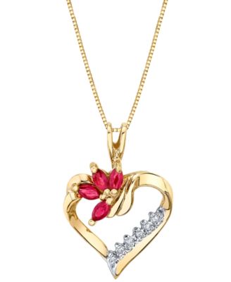 Macy's - Ruby (3/8 ct. t.w.) & Diamond (1/20 ct. t.w.) Heart 18" Pendant Necklace in 14k Gold