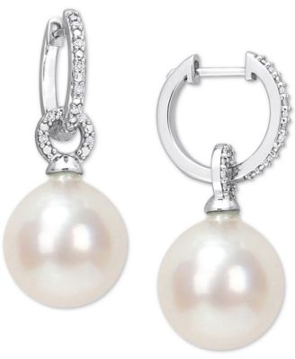 Macy's - Cultured South Sea Pearl (12mm) & Diamond (1/10 ct. t.w.) Huggie Hoop Earrings in 14k White Gold