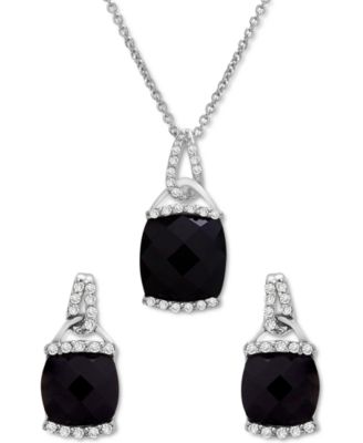 Macy's - 2-Pc. Set Onyx & Diamond (1/10 ct. tw.) Pendant Necklace & Matching Stud Earrings in Sterling Silver