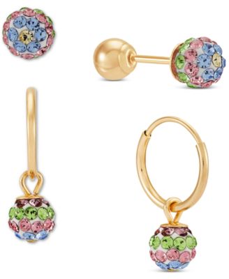Macy's - Children's 2-Pc Set Multicolor Crystal Reversible Stud & Dangle Hoop Earrings in 14k Gold-Plated Sterling Silver