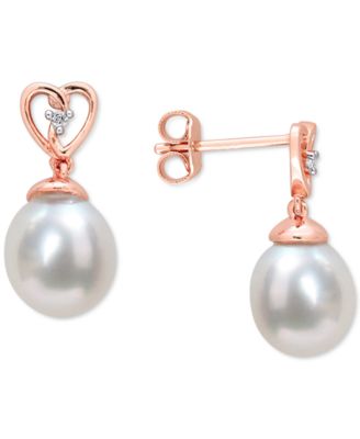 Macy's - Cultured South Sea Oval Pearl (8-9mm) & White Topaz Accent Heart Drop Earrings in Rose-Tone Sterling Silver