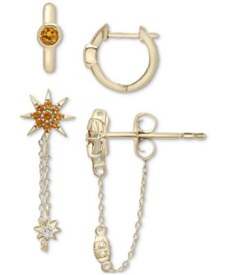 Macy's - 2-Pc. Set Citrine (3/8 ct. t.w.) & Lab-Created White Sapphire (1/20 ct. t.w.) Huggie Hoop and Chain Drop Earrings in 14k Gold-Plated Sterling Silver