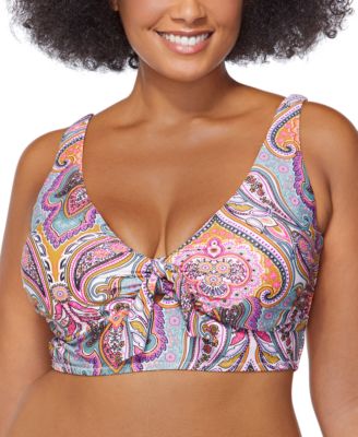 Raisins Curve - Plus Size Paisley-Print Silk Road Malibu Tie-Front Bikini Top