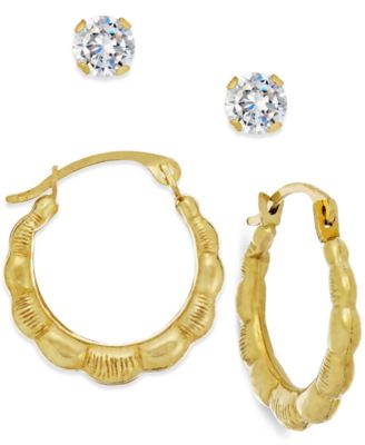 Macy's - Cubic Zirconia and Ribbed Hoop Earring Set in 10k Gold