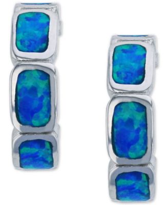 Macy's - Lab-Created Blue Opal Inlay Brick Small Hoop Earrings in Sterling Silver, 0.6"
