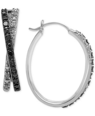Macy's - Black Diamond (1/10 ct. t.w.) & White Diamond (1/20 ct. t.w.) Crossover Hoop Earrings in Sterling Silver