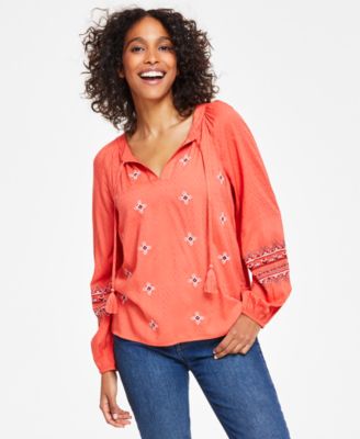 Style & Co - Women's Drapey Embroidered Long-Sleeve Top