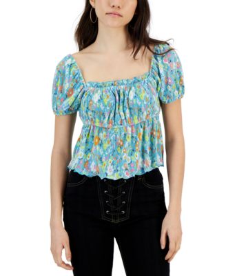 Love, Fire - Juniors' Short-Puff-Sleeve Square-Neck Top