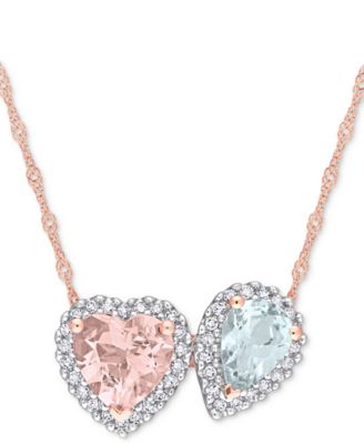 Macy's - Morganite (1-1/10 ct. t.w.), Aquamarine (5/8 ct. t.w.) & Diamond (1/5 ct. t.w.) Two-Stone Halo 17" Pendant Necklace in 14k Rose Gold