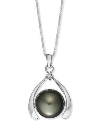 Macy's - Sterling Silver Necklace, Cultured Tahitian Pearl (11mm) and Diamond Accent Pendant
