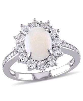 Macy's - Oval Cut Opal (1 ct. t.w.), White Topaz (1 ct. t.w.) and Diamond (1/10 ct. t.w.) Halo Ring in Sterling Sterling Silver