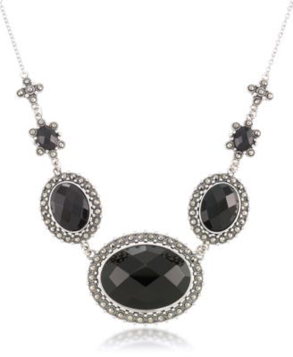 Macy's - Marcasite and Faceted Onyx Oval Frontal 16"+2" Extender Necklace in Sterling Silver