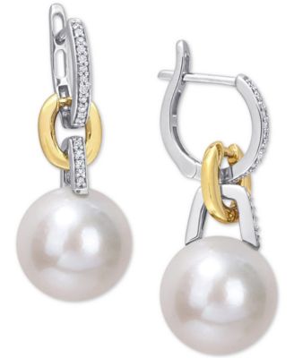 Macy's - Cultured Freshwater Pearl (11mm) & Diamond (1/10 ct. t.w.) Huggie Hoop Earrings in 14k Gold & White Gold