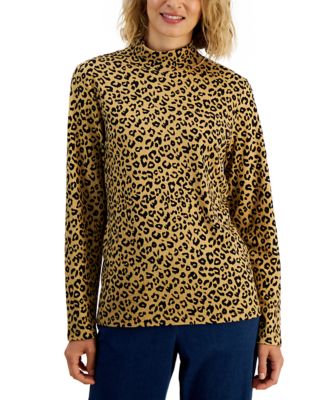 Karen Scott - Petite Leopard Flow Mock-Turtleneck Top