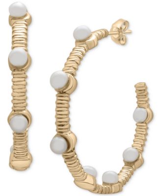 Macy's - Cultured Freshwater Pearl (3mm) Textured Medium Hoop Earrings in 14k Gold-Plated Sterling Silver, 1.2"