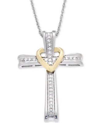 Macy's - Diamond Cross Pendant Necklace (1/10 ct. t.w.) in 14k White Gold with Yellow Gold Accent