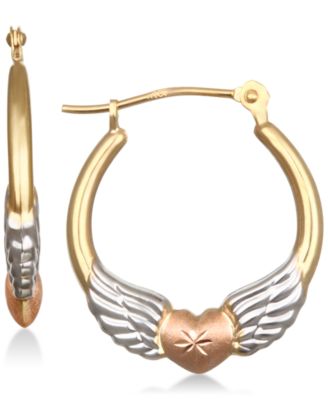 Macy's - Tri-Color Winged Heart Hoop Earrings in 10k Gold