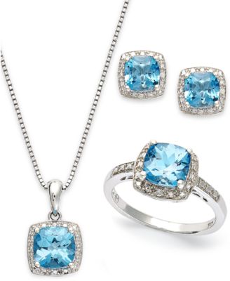 Macy's - Sterling Silver Jewelry Set, Blue Topaz (5-7/8 ct. t.w.) and Diamond Accent Necklace, Earrings and Ring Set