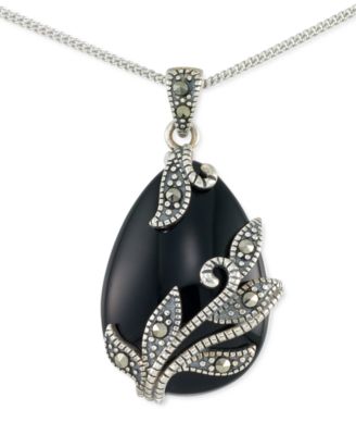 Macy's - Onyx (16 x 22 x 5mm) & Marcasite Teardrop 18" Pendant Necklace in Sterling Silver