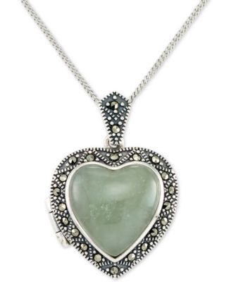 Macy's - Jade (13mm) & Marcasite Heart Locket 18" Pendant Necklace in Sterling Silver