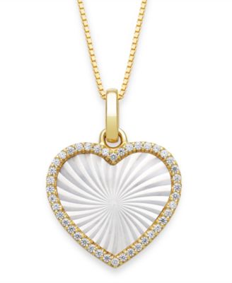 Macy's - Mother of Pearl 14x13mm and Cubic Zirconia Heart Shaped Pearl Pendant with 18" Chain in Gold over Silver