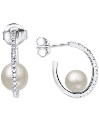 Macy's - Cultured Freshwater Pearl (6mm) & White Zircon (1/4 ct. t.w.) Hoop Earrings in Sterling Silver