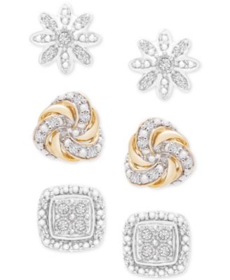 Macy's - 3-Pc. Diamond Stud Earrings Set (1/4 ct. t.w.) in Sterling Silver & 14k Gold-Plate