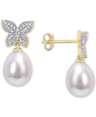 Macy's - Cultured Freshwater Pearl (8-1/2mm) & Diamond (1/8 ct. t.w.) Butterfly Stud Earrings in 14k Gold