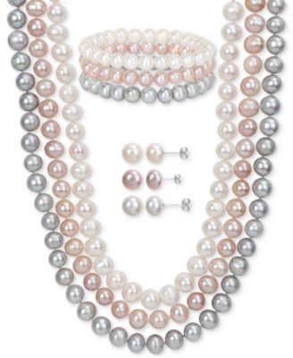 Macy's - 7-Pc. Set White, Black, & Gray Cultured Freshwater Pearl (7-1/2 - 8mm) Necklace, Bracelets, & Stud Earrings