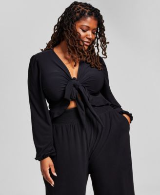 Bar III - Plus Size Ruffled Tie-Front Long-Sleeve Top