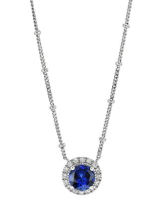 Macy's - Lab-Created Sapphire (1-5/8 ct. t.w.) & Lab-Created White Sapphire (1/6 ct. t.w.) Halo Pendant Necklace in Sterling Silver, 16" + 2" extender