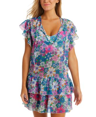 Jessica Simpson - Women's Printed Crazy Daisy Tiered Flutter-Sleeve Tie-Neck Swim Cover-Up